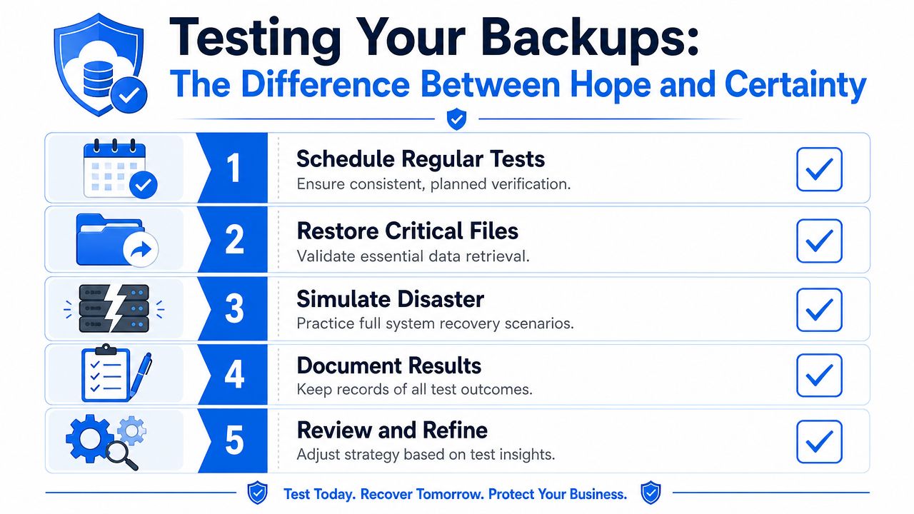 A checklist infographic detailing five essential steps for testing business data backups to ensure recovery certainty.