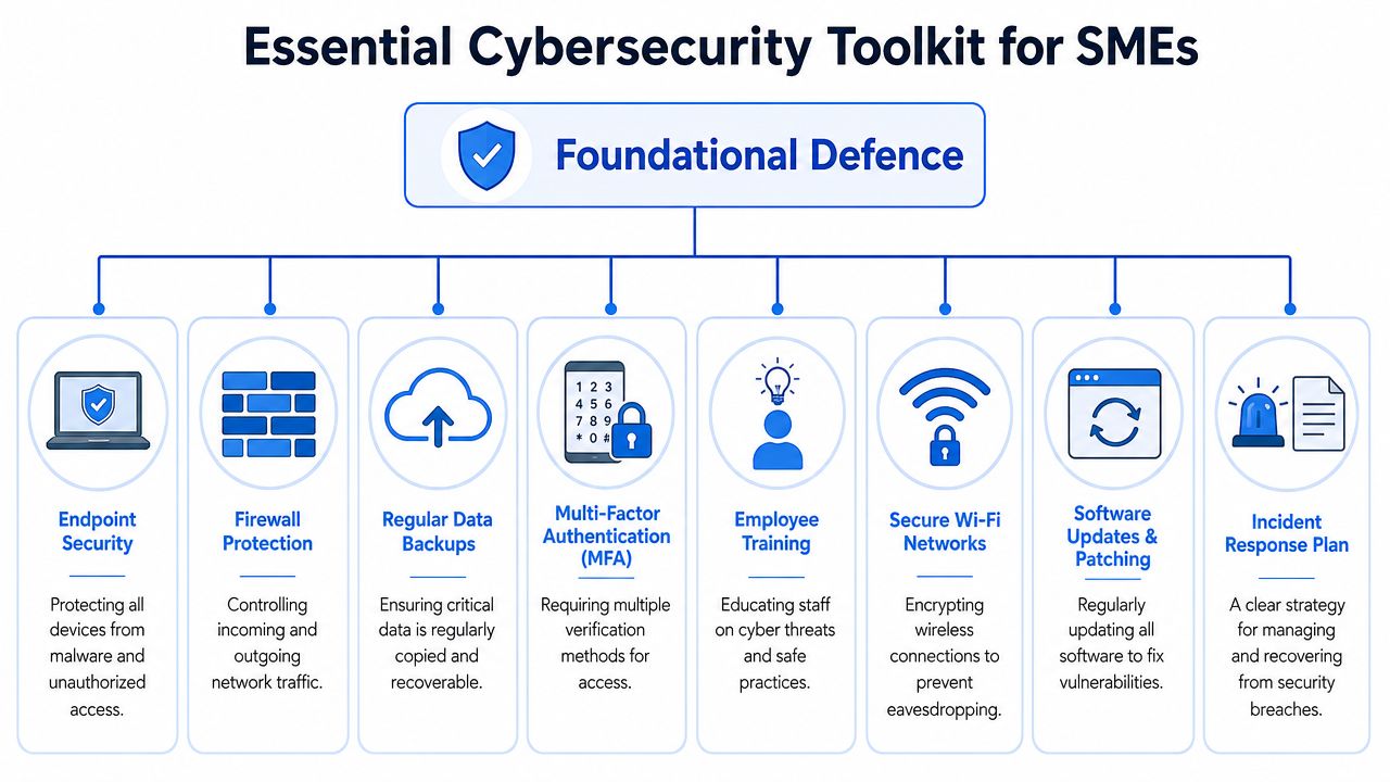A diagram outlining eight essential cybersecurity measures for small and medium-sized enterprises, including endpoint security and data backups.