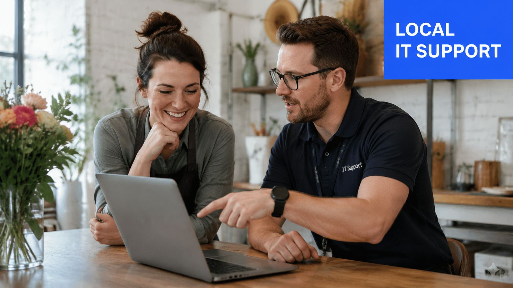 A professional IT support technician explains cybersecurity solutions on a laptop to a local business owner.
