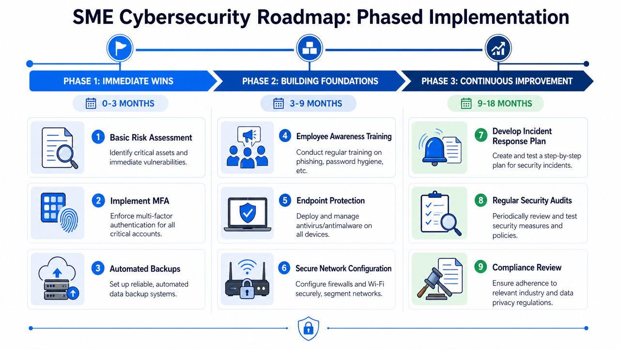 A structured three-phase cybersecurity roadmap infographic designed to help small and medium enterprises improve their digital security.