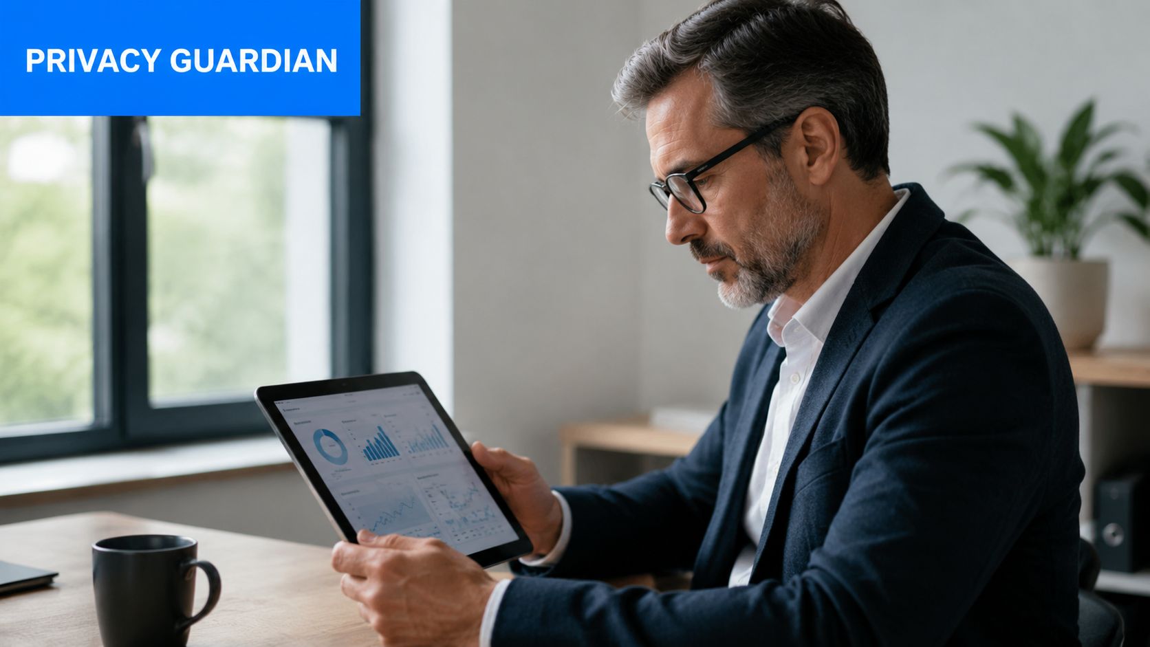 A professional man in a business suit reviewing business data charts on a tablet in an office.