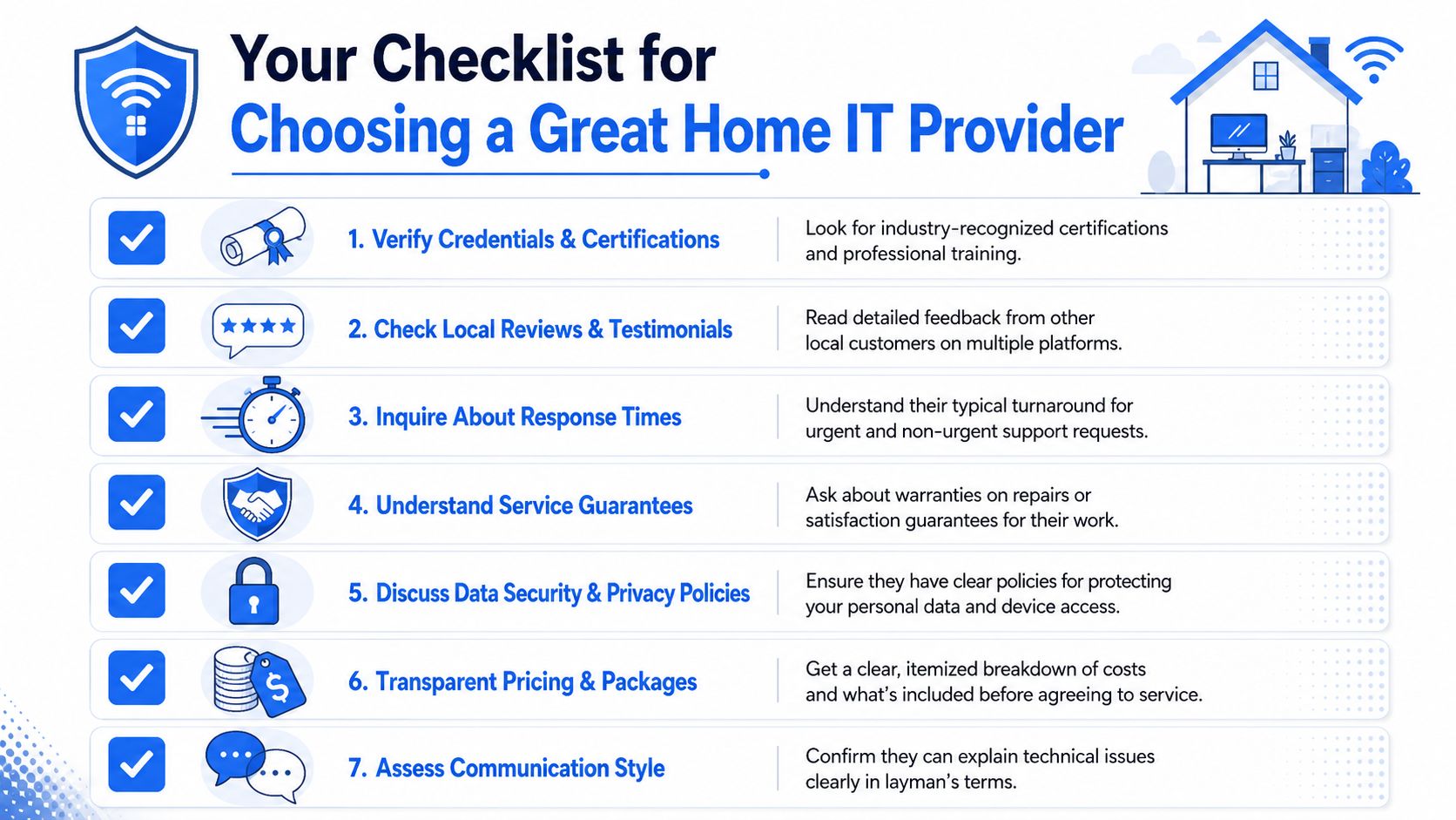 A checklist for choosing a professional home IT provider including seven key steps for assessment.