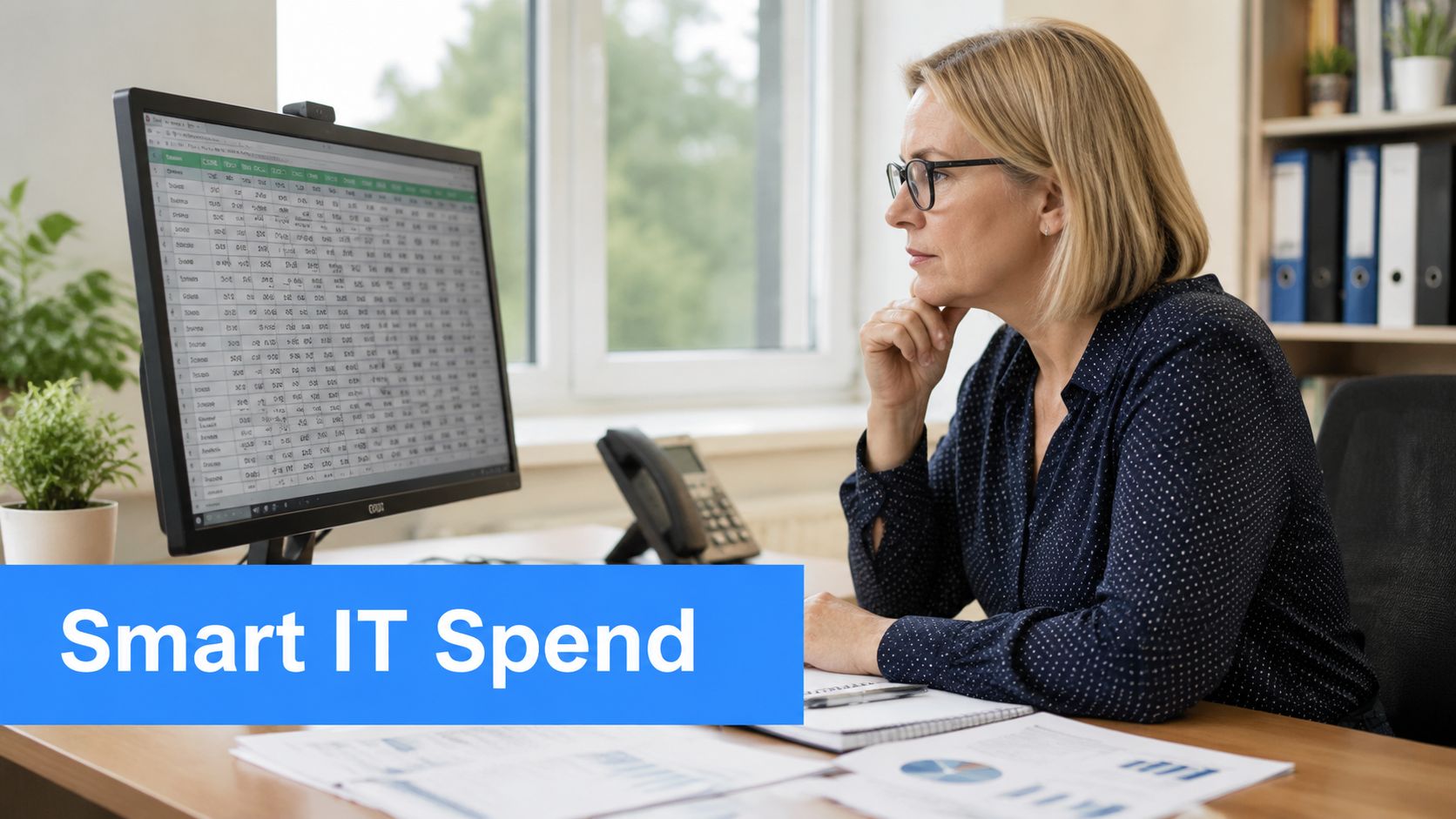 A professional woman in an office working at a computer with spreadsheets regarding IT budgeting.