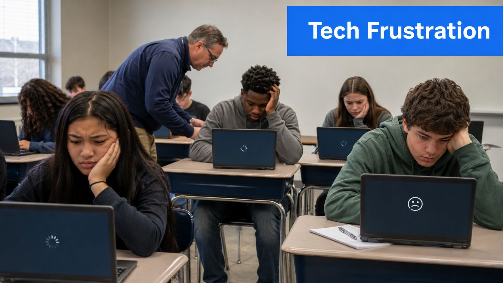A classroom of frustrated students looking at their laptops while a teacher offers assistance.