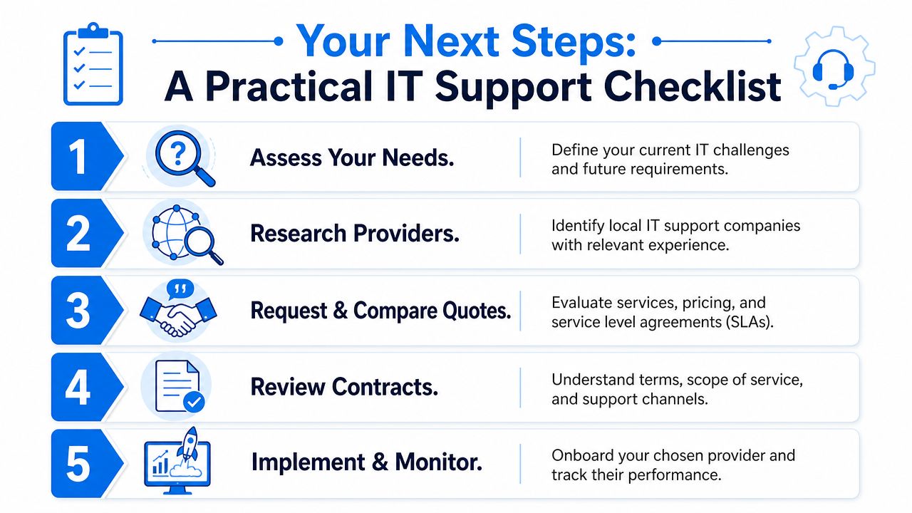 A checklist of five steps for businesses to follow when choosing an IT support provider.