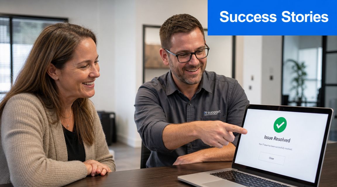 A professional IT support technician smiling and pointing at a laptop screen showing an issue resolved message.