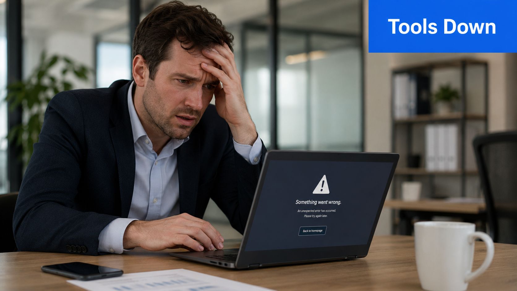 A frustrated businessman sitting at his desk looking at a computer screen showing an error message.