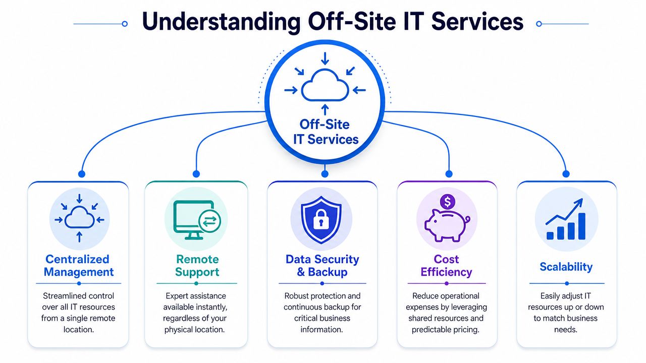 A diagram illustrating the key benefits of off-site IT services, including management, support, security, efficiency, and scalability.
