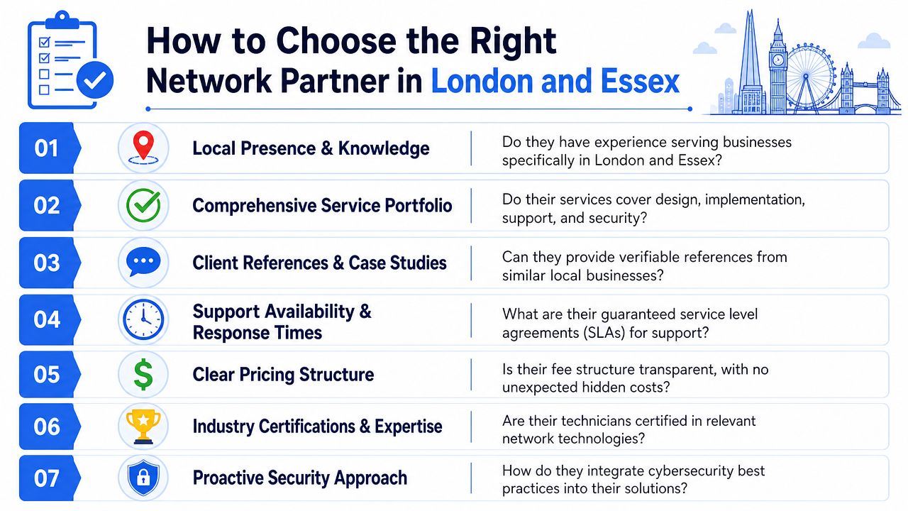 A checklist infographic outlining seven key factors for businesses choosing a network partner in London and Essex.