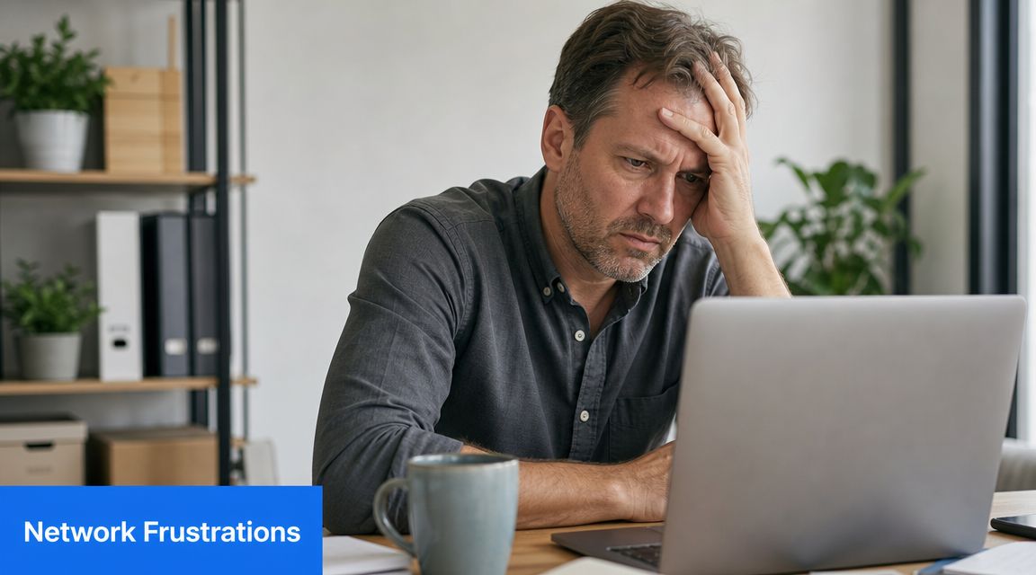 A frustrated businessman sitting at a desk with a laptop, reflecting common network connectivity issues.
