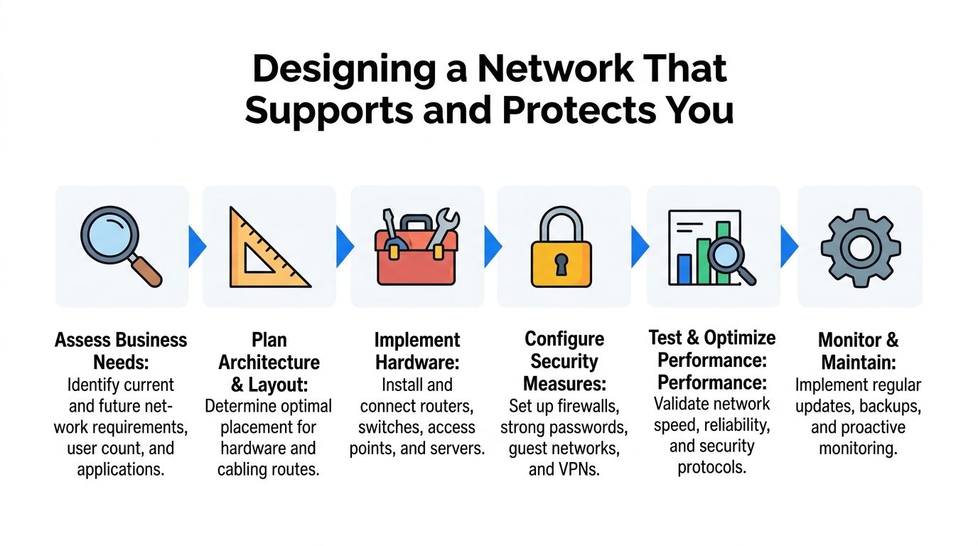 A six-step infographic illustrating the process of designing a secure and efficient small business network.