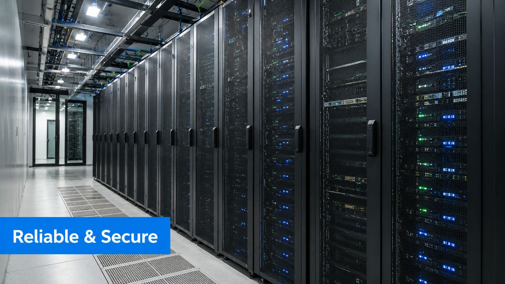 A row of secure server racks with glowing indicator lights inside a professional modern data center.