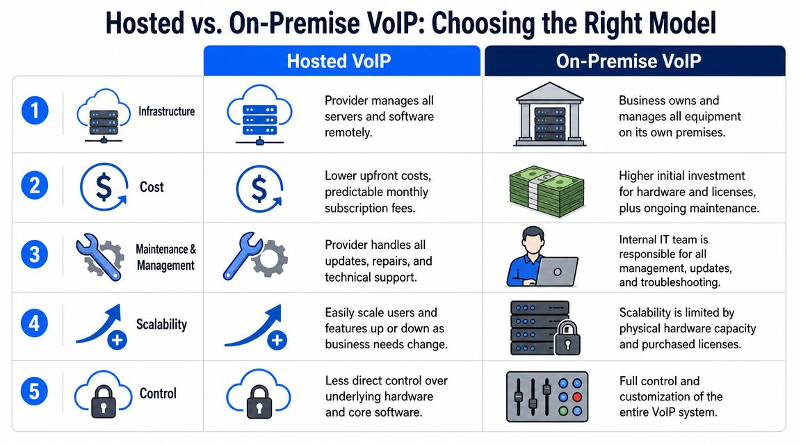 A comparison table outlining the key differences between hosted and on-premise VoIP business phone systems.