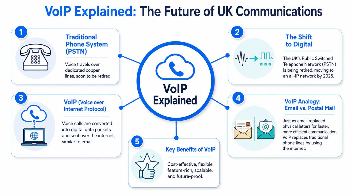 An infographic explaining VoIP technology as the future replacement for traditional PSTN phone systems in the UK.