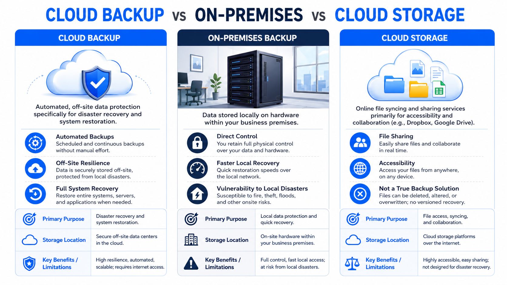 A comparison chart explaining the differences between cloud backup, on-premises backup, and cloud storage services.