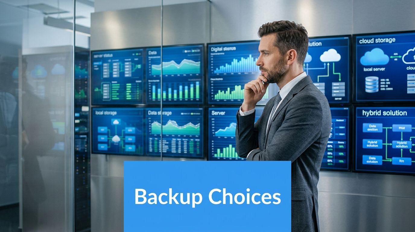 A professional man in a suit looking thoughtfully at data screens displaying cloud and hybrid backup solutions.