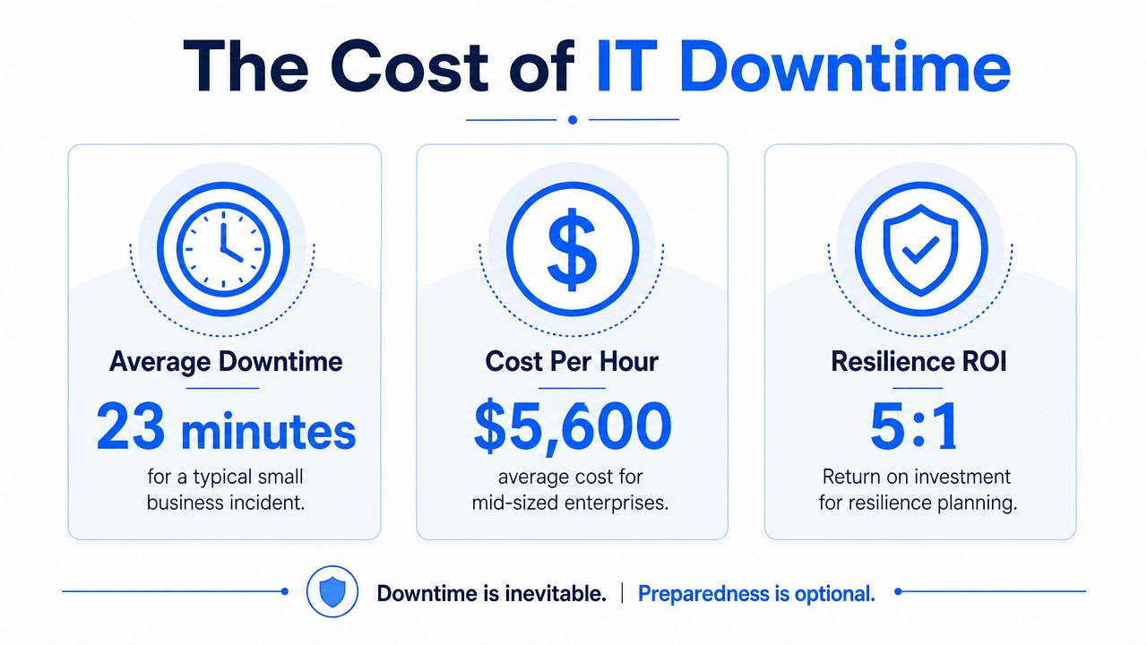An infographic showing the financial and time impact of IT downtime and the benefits of business resilience.