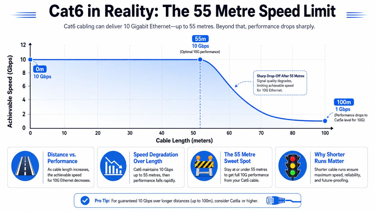 A performance graph showing Cat6 ethernet cable speed dropping after 55 metres of cable length.