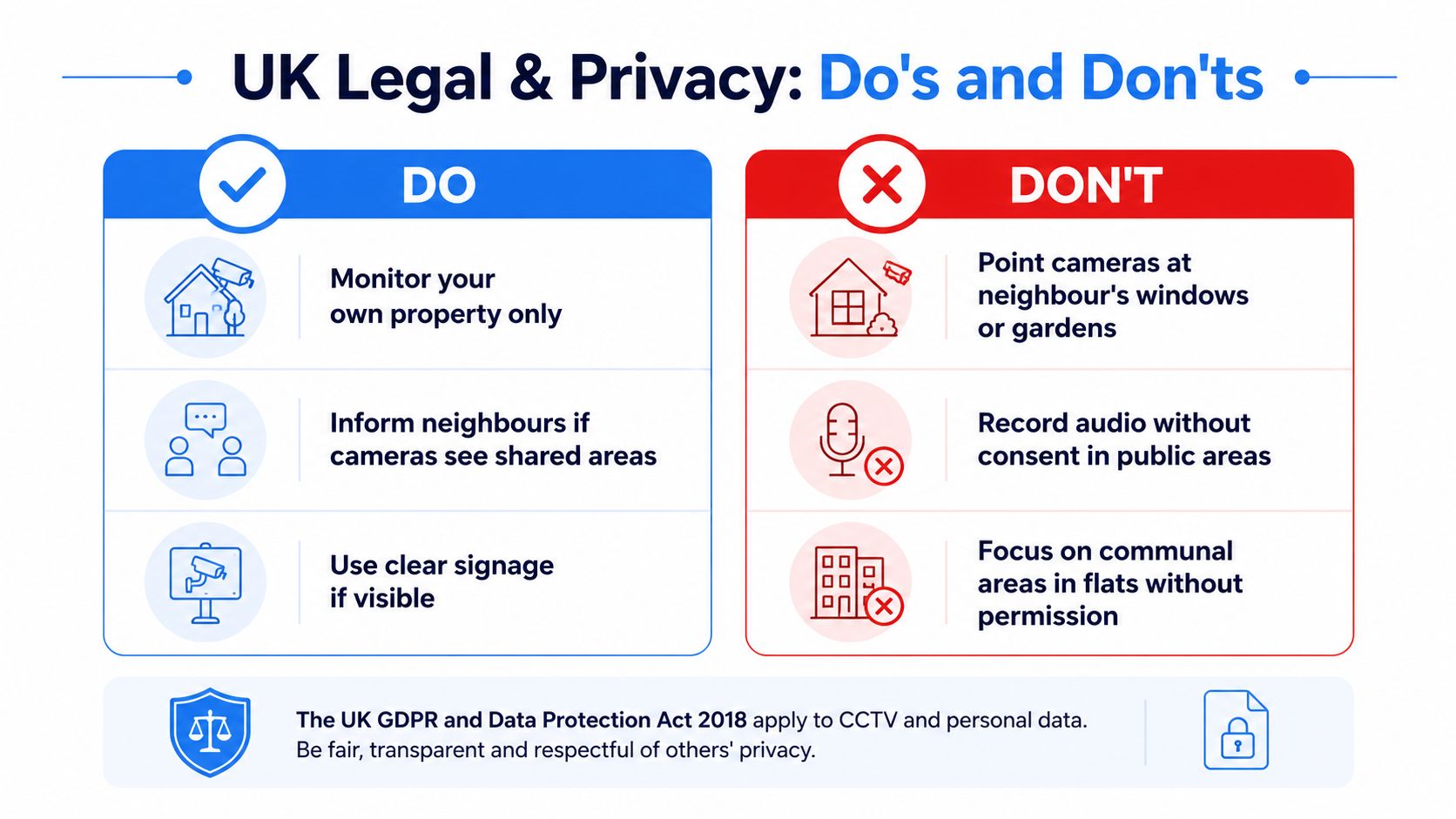 A visual guide summarizing the legal do's and don'ts for home CCTV surveillance in the United Kingdom.