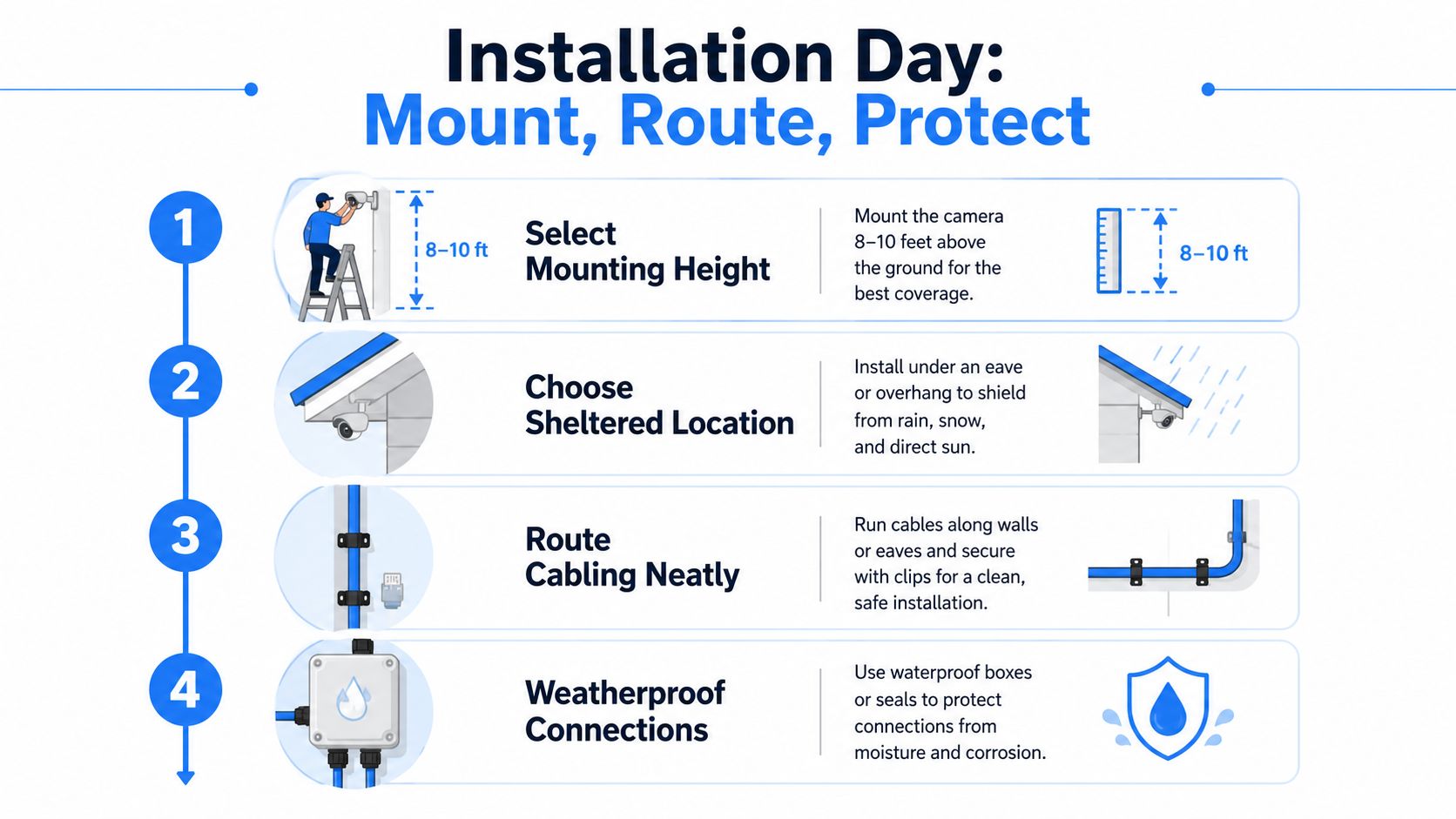 An instructional infographic demonstrating four key steps for installing home CCTV cameras correctly and safely.