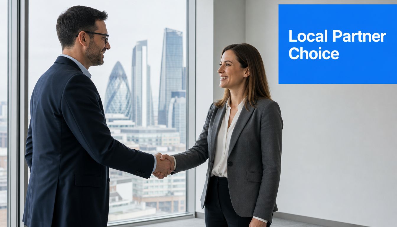 A professional man and woman in business attire shaking hands in an office overlooking a city skyline.