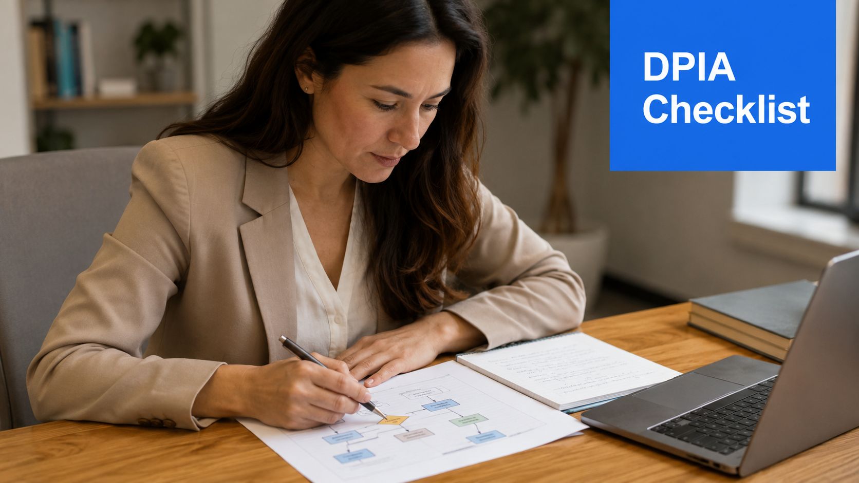 A professional woman in a blazer reviewing a DPIA flowchart on her desk with a laptop nearby.