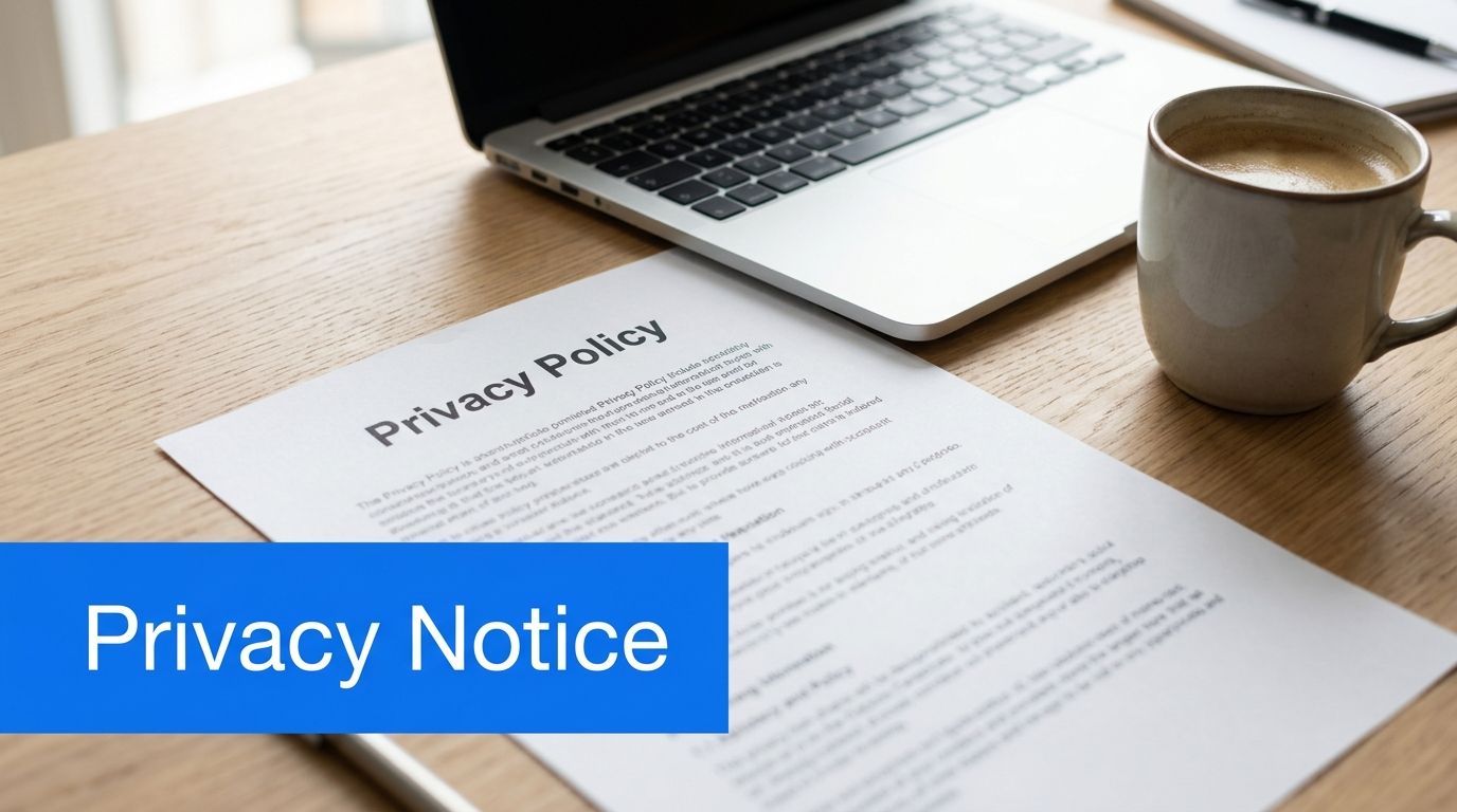 A printed document titled Privacy Policy sits on a wooden desk next to a laptop and coffee.