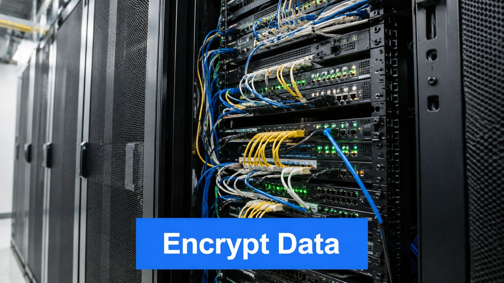 A server rack in a data center with blue and yellow network cables and active status lights.