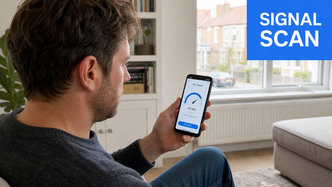 A man checking his home internet connection strength using a Wi-Fi signal analysis app on his smartphone.