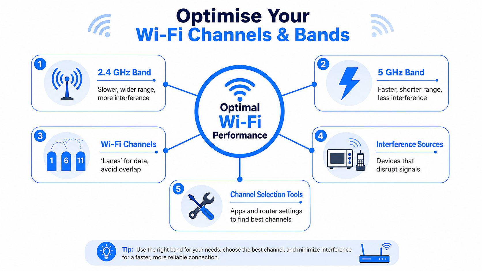 An infographic showing tips for optimizing Wi-Fi performance, including 2.4 GHz and 5 GHz bands and channels.
