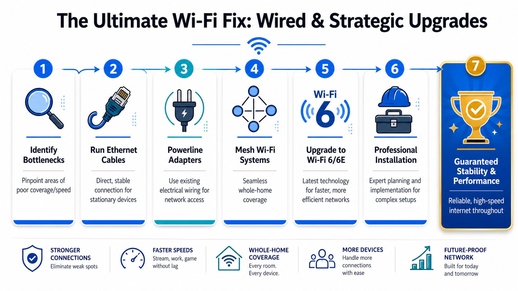 A seven-step guide for improving home Wi-Fi signal through wired connections, mesh systems, and hardware upgrades.