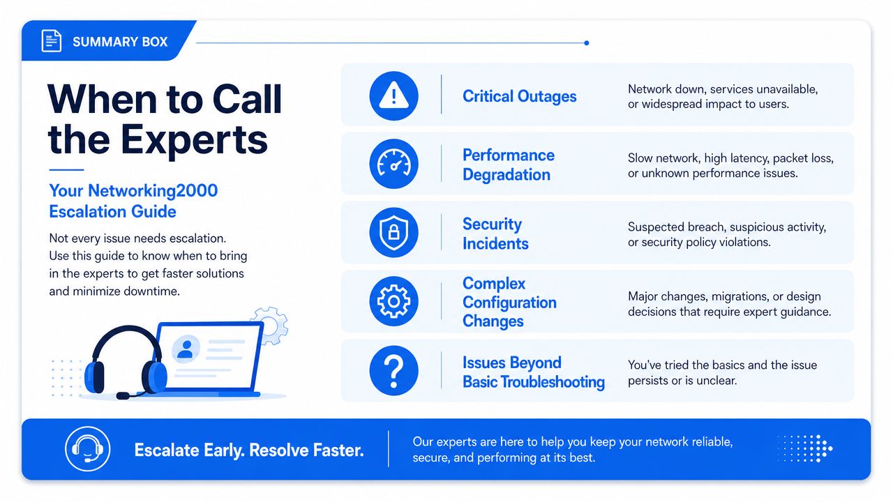 An infographic titled When to Call the Experts, listing network issues that require professional technical support escalation.
