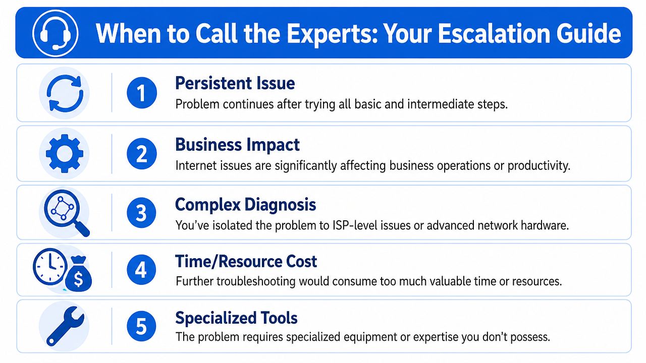 An infographic titled When to Call the Experts outlining five key reasons to escalate technical support issues.
