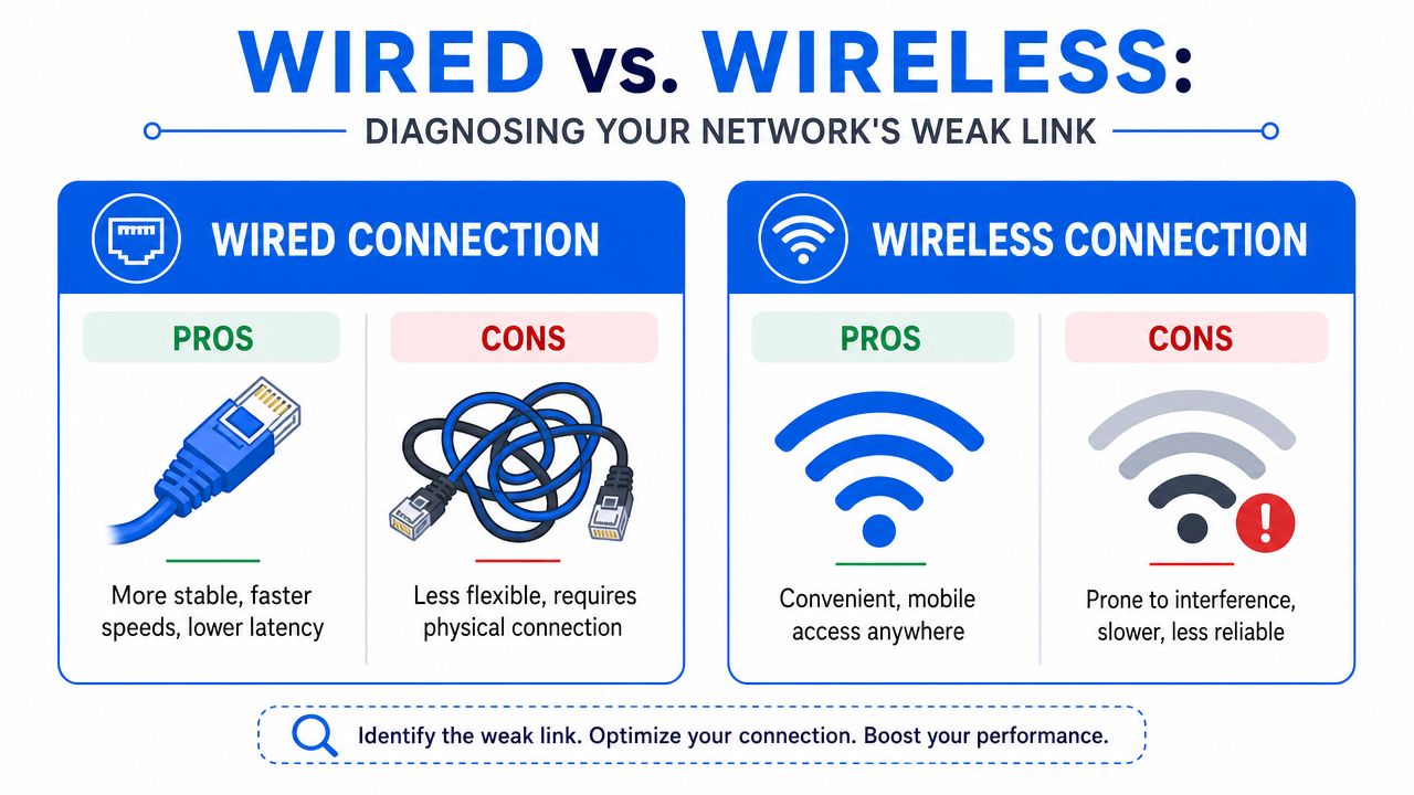 A comparison infographic showing the pros and cons of wired versus wireless internet connection types.