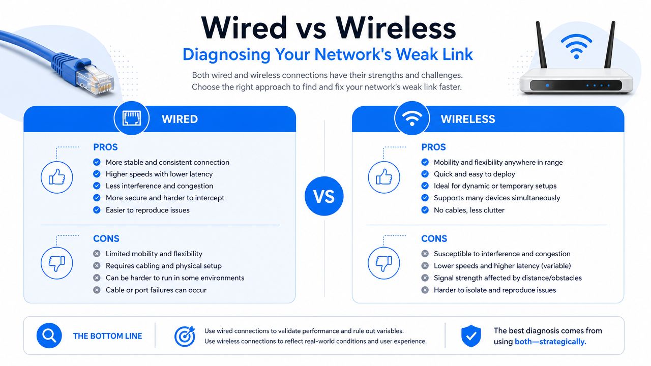 A comparative infographic illustrating the pros and cons of using wired versus wireless network connections.