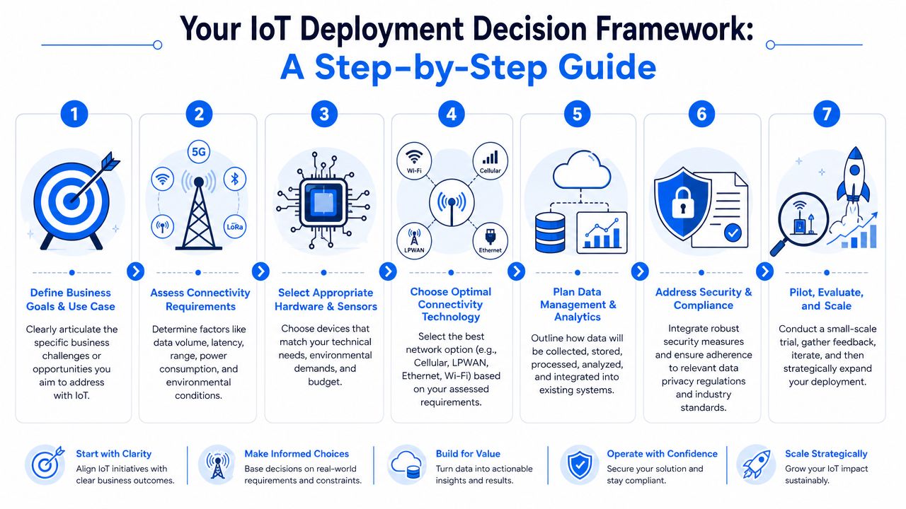 A step-by-step infographic framework guiding businesses through the seven key stages of IoT deployment planning.