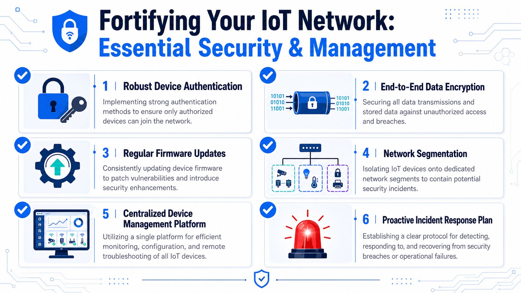 An infographic detailing six essential security and management strategies for fortifying an Internet of Things network.