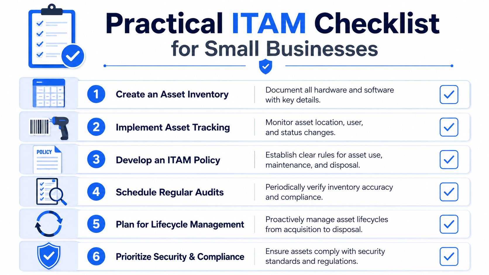 A six-step checklist for small businesses to implement effective IT asset management processes and security compliance.