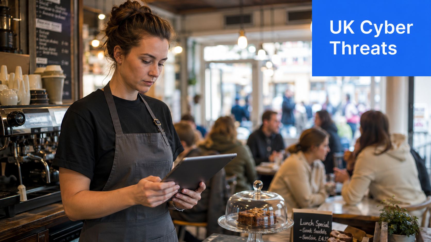 A young barista wearing an apron holds a digital tablet while working inside a busy coffee shop.