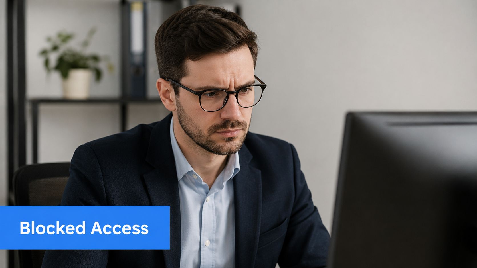 A concerned business professional looking at his computer monitor while facing a network connectivity issue in office.