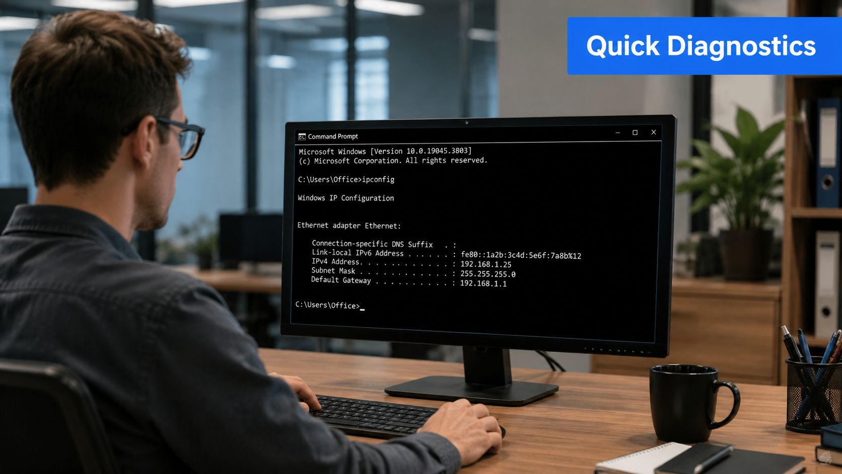 A professional analyzing network settings on a computer screen displaying Command Prompt configuration results in an office.