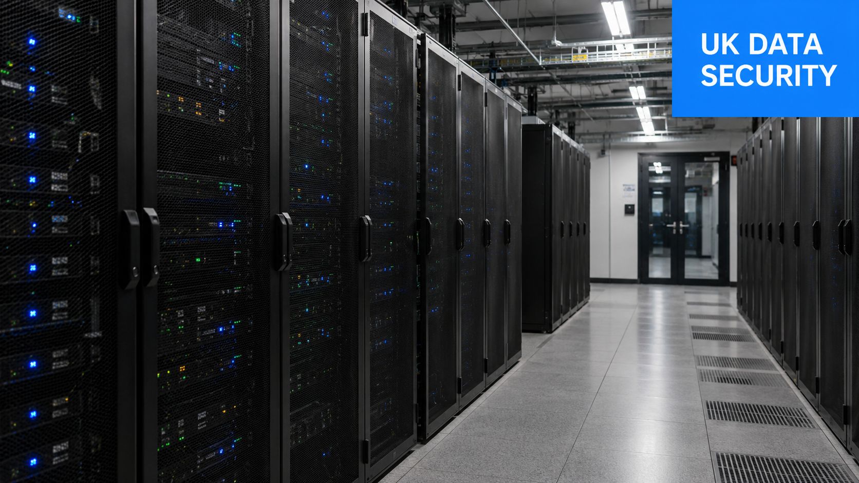 A modern data center server room with rows of black server racks under bright industrial lighting.