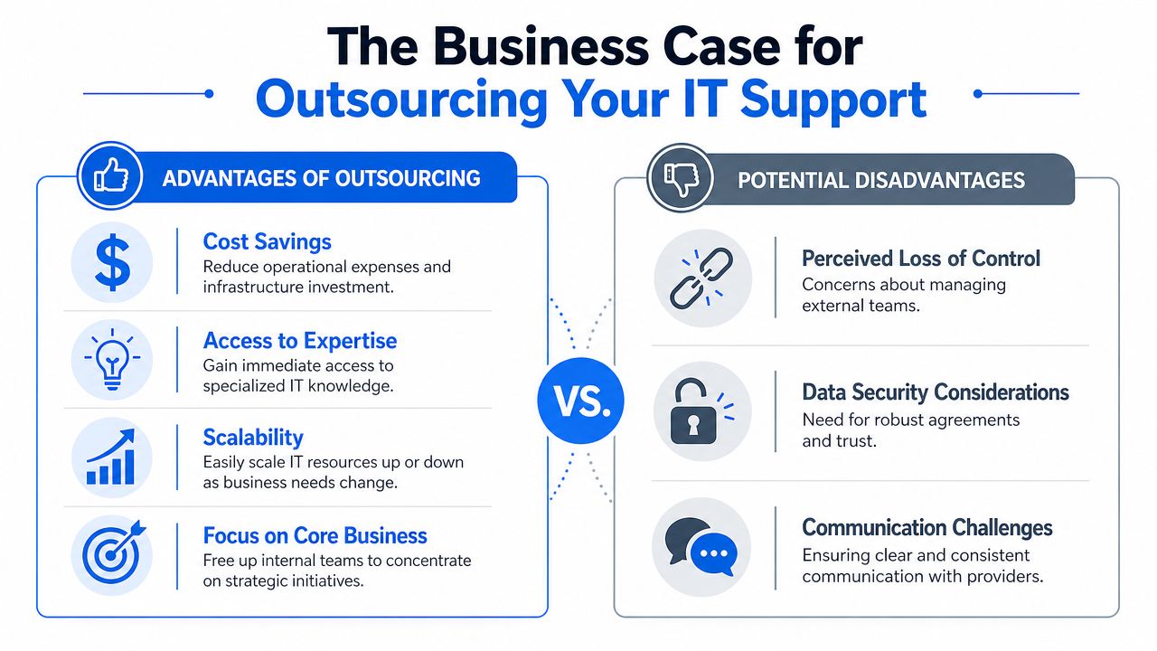 An infographic comparing the benefits and potential drawbacks of outsourcing business IT support services.