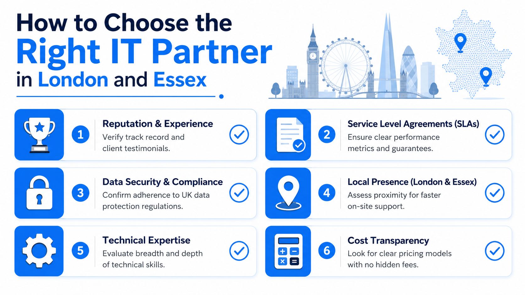 An infographic titled How to Choose the Right IT Partner in London and Essex listing six key factors.