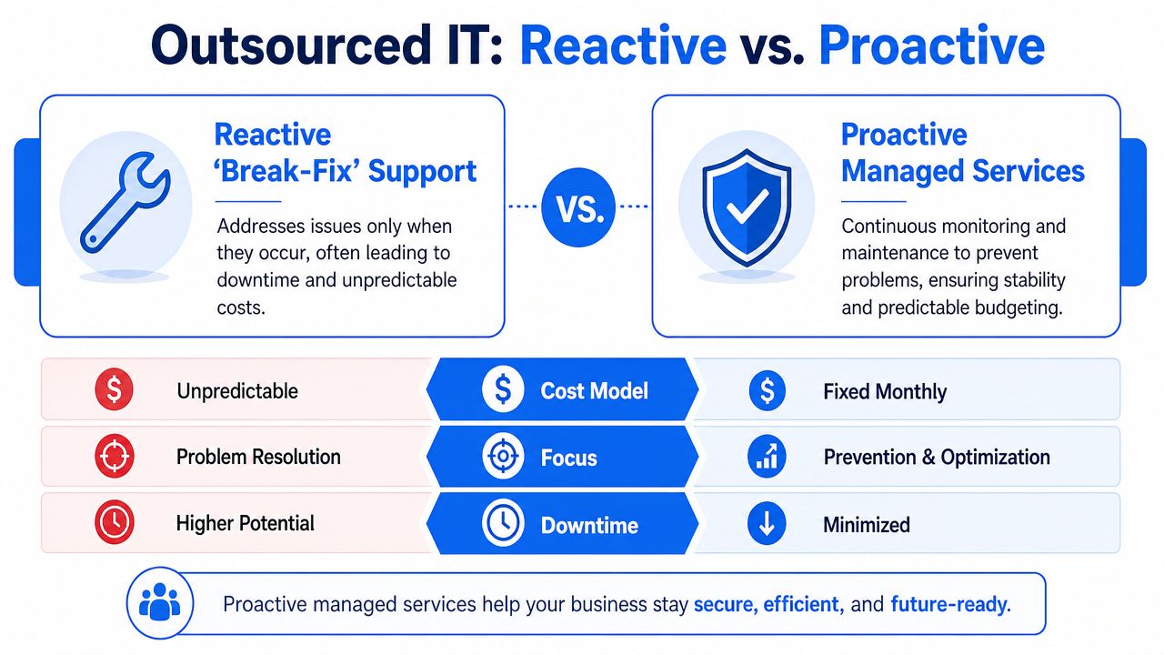 A comparison chart showing the differences between reactive break-fix IT support and proactive managed IT services.