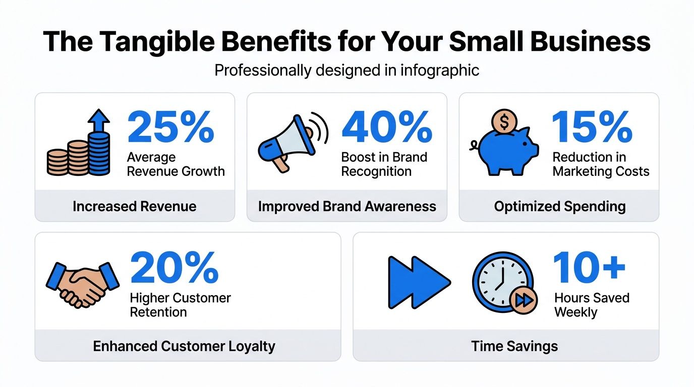 An infographic showing five key tangible growth benefits for small businesses, including increased revenue, brand awareness, and savings.