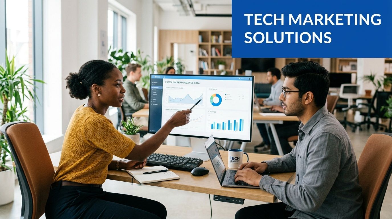 A marketing consultant explaining campaign performance data on a computer monitor to a business client in an office.