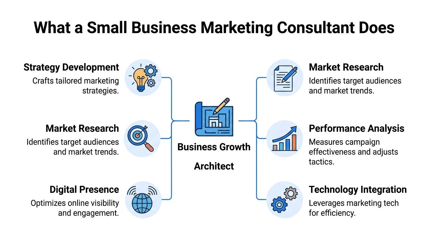 An infographic showing the core responsibilities and services of a small business marketing consultant.