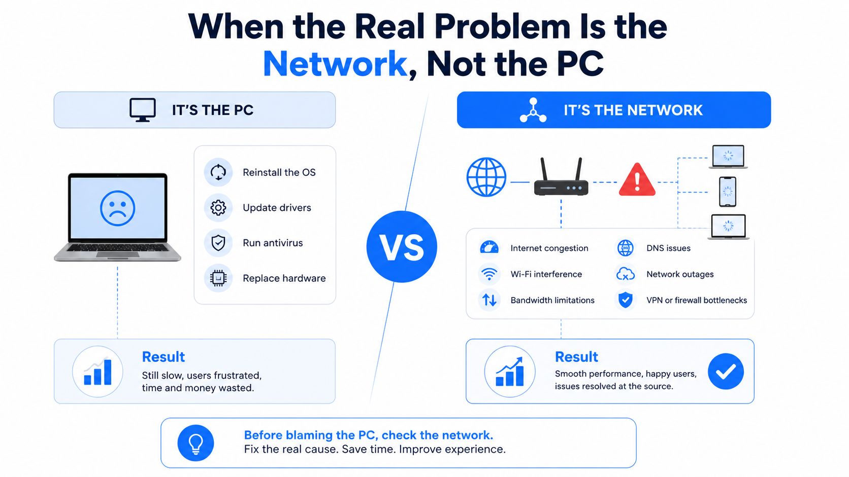 A comparison infographic showing how network issues are often incorrectly blamed on PC hardware or software performance.