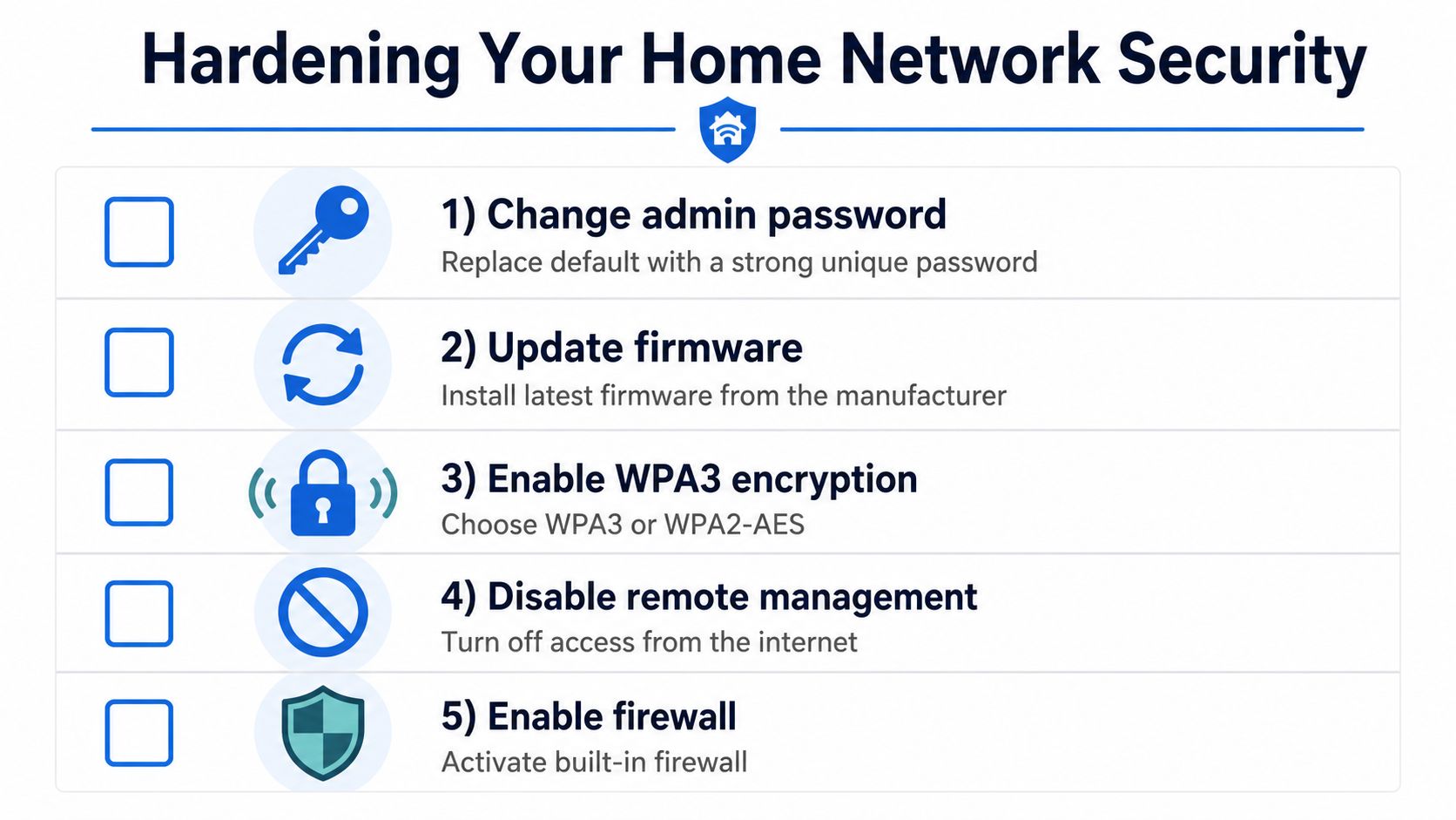A checklist infographic illustrating five essential steps for improving home network security and router protection.